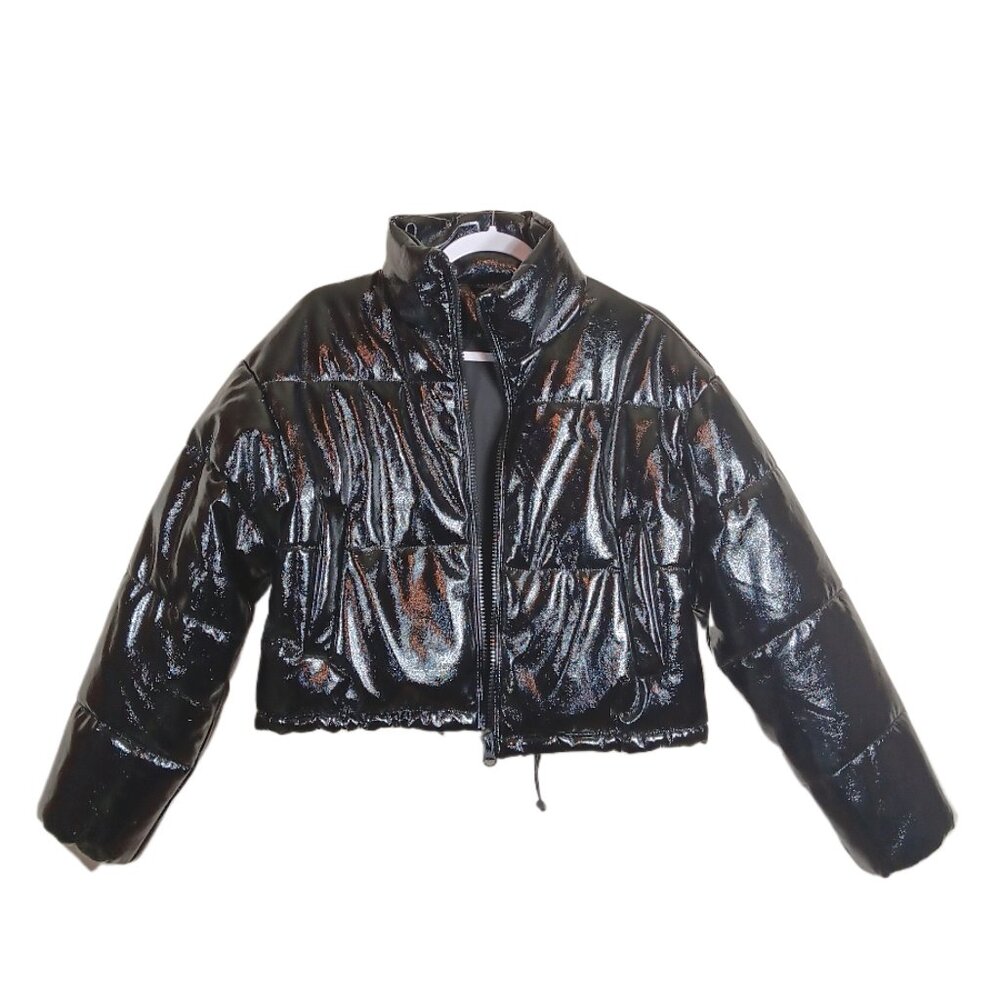 Divided H&M Puffer Jacket Womens XXS Black Soft Faux Leather Crop Winter Coat
